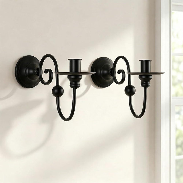 Set of 2 Black Wall Sconces Candle Holder - Modern Farmhouse Iron Scroll Wall Decor for Living Room, Dining Room & Bathroom - Vintage Metal Wall Art Sconce for Pillar Candles (8.6" x 5.9" x 3.5")