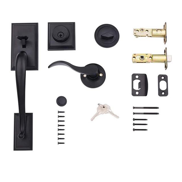 AmazonBasics Modern Exterior Door Handle with Right-Hand Wave Door Lever and Deadbolt Lock Set, Matte Black