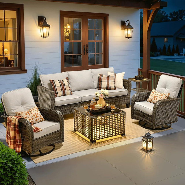 ovios 5 Pieces Patio Furniture Set, Outdoor Wicker Sofa with Swivel Rocking Chairs Solar Lights Table, Modern Deep Seat Rattan Couch Conversation Set for Outside, Grey