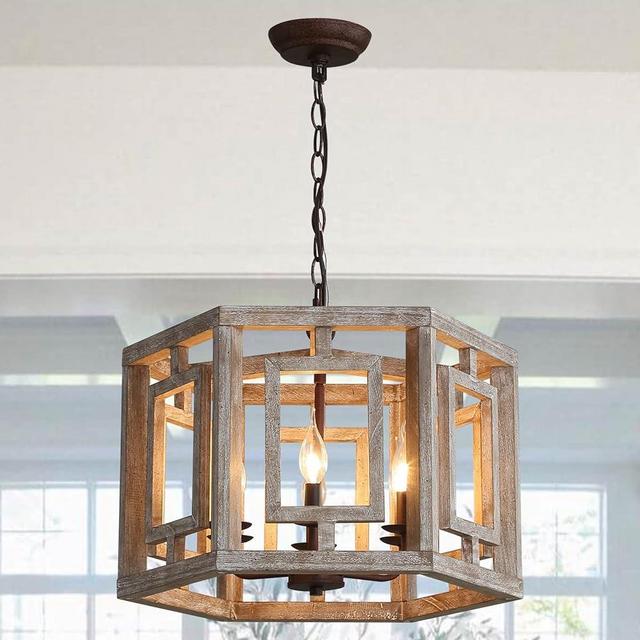 Farmhouse Chandelier Light Fixture, 6-Light Rustic Wood Pendant Chandeliers Lighting Fixtures, Vintage Adjustable Cage Hanging Lamp for Dining Room Kitchen Entryway