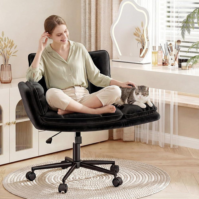Criss Cross Chair with Wheels, Ergonomic Office Chair with Flip Armrests for Pets, Vanity Chair for Bedroom, Makeup Room and Office Room, Black