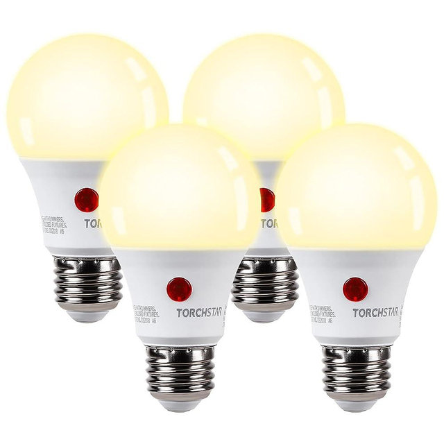 TORCHSTAR Dusk to Dawn Light Bulbs Outdoor, Sensor A19 LED Light Bulb, UL & Energy Star Listed, 9W (60W Eqv.), 800lm, Auto On/Off Photocell Automatic for Outdoor Lighting, 2700K Soft White, Pack of 4