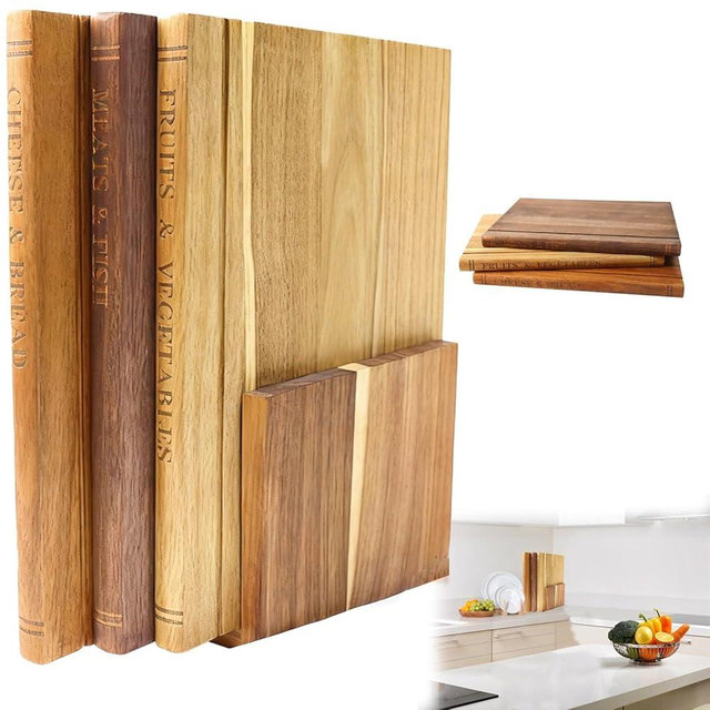Book Cutting Board Set of 3 With Stand，Unique Decorative 100% Acacia Wood Cutting Boards That Look Like Books，Decorative Book-Shaped Boards for Fruits, Vegetables, Meat, Cheese & Bread
