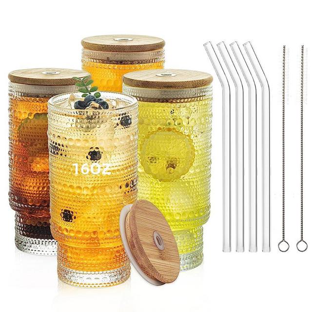 KEMORELA Romantic Highball Drinking Glasses Set of 4, Beaded Glassware, 16oz XL Hobnail Glassware, Vintage Glassware Set, Embossed Vintage Drinking Glasses for Beer, Cocktail, Soda, Beverage
