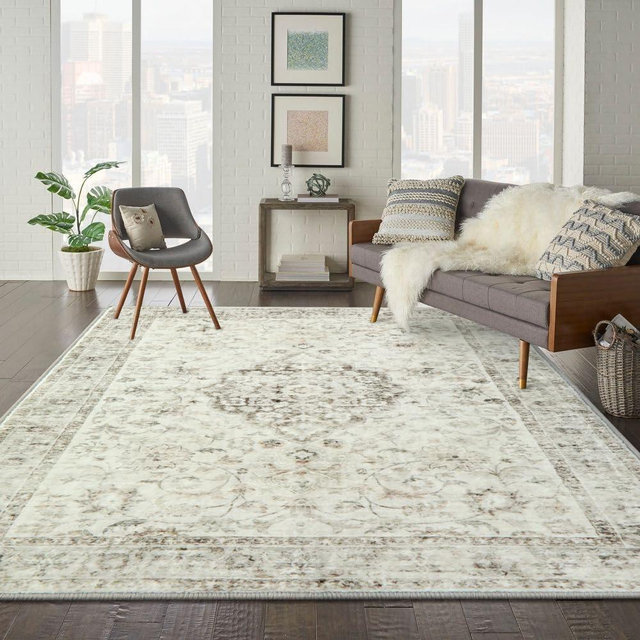 LIVEBOX Washable Area Rug 8x10 - Large Bohemian Living Room Rug Oriental Rug for Bedroom, Non-Slip Retro Medallion Carpet Print Distressed Rug for Dining Room Guest Room Office, Taupe