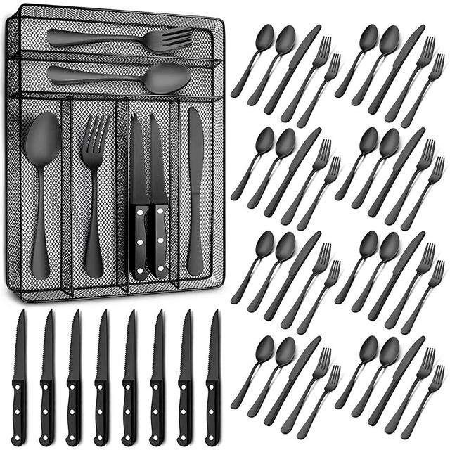 Teivio 48 Piece Silverware Set, Flatware Utensils Set Mirror Polished, Dishwasher Safe Service for 8, Include Knife/Fork/Spoon/Steak Knife/Wire Mesh Steel Cutlery Holder Storage Trays (Matte Black)