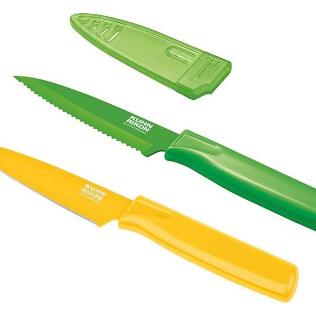 Kuhn Rikon Serrated Paring Knife with Safety Sheath, 4 inch/10.16 cm Blade, Green & Yellow