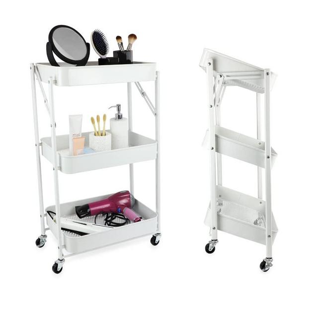 Isaac Jacobs 3-Tier Rolling Cart, Foldable Mobile Storage Organizer with Caster Wheels, Lightweight Multi-Purpose Metal Utility Cart for Office, Kitchen, Bathroom, Bedroom (White)