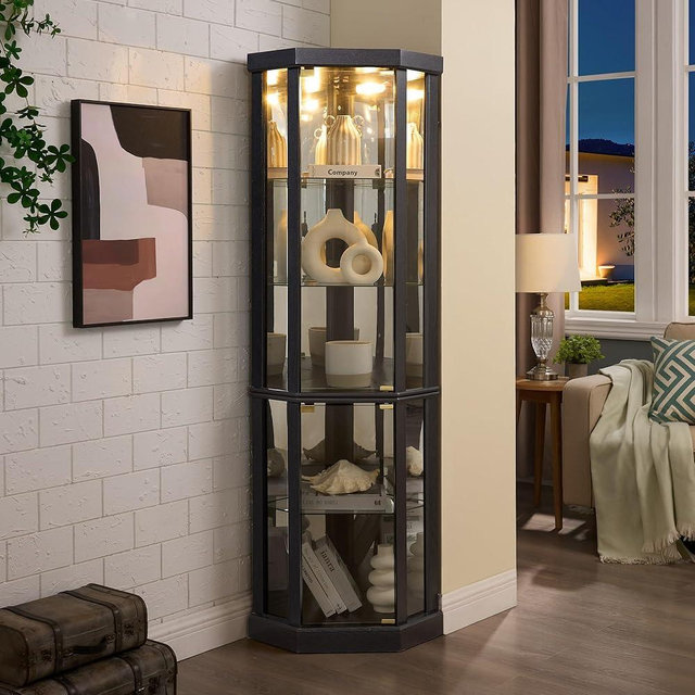 Makaseiya 70" Lighted Corner Curio Cabinet,Inside Mirror Corner Glass Display Case with Tempered Glass Door for Living Room, Antique Collectibles, Wine & Bar Glass Storage, Lights Included