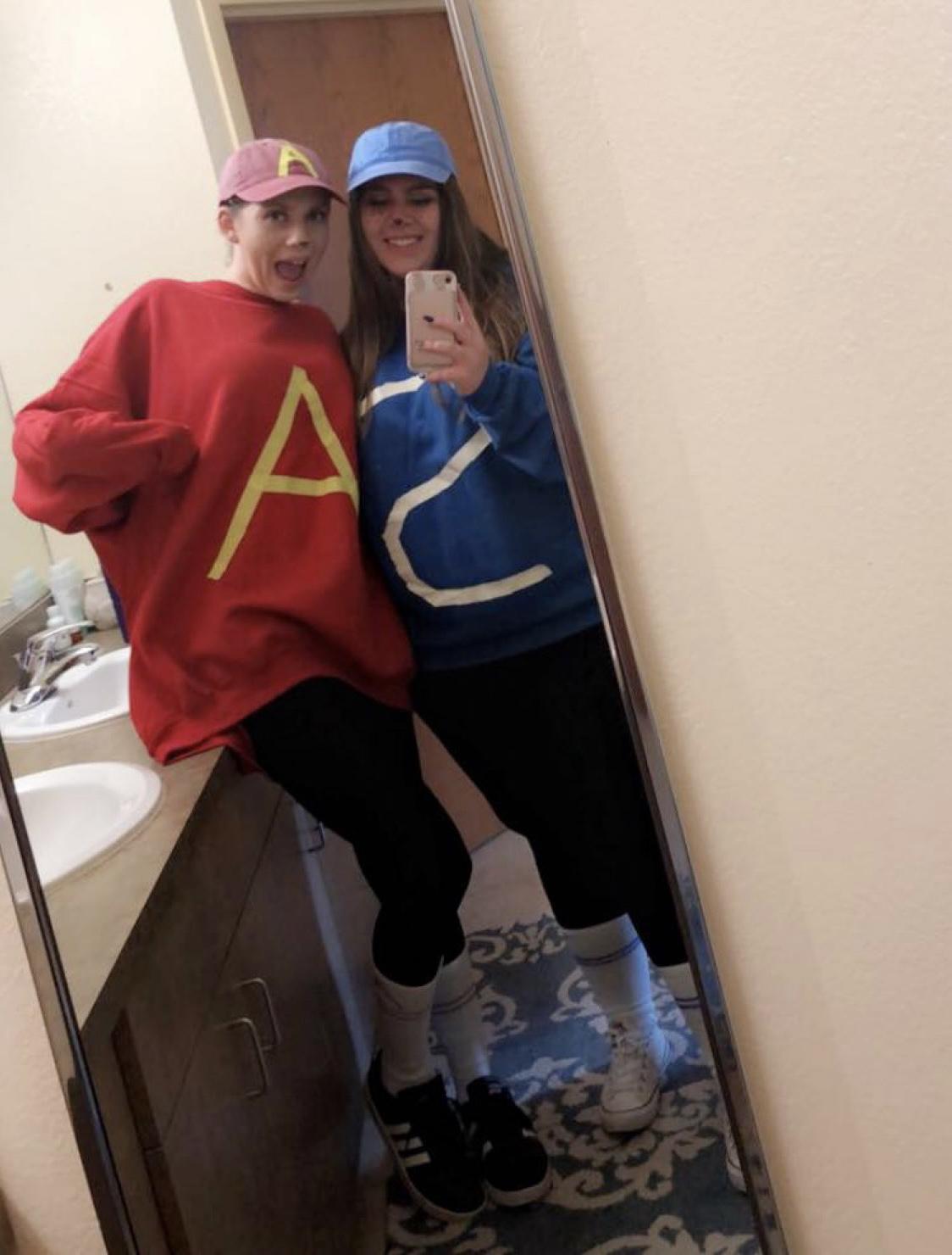 Hannah and Brianna being Alvin and Simon for Halloween at their college dorm on October 31, 2019