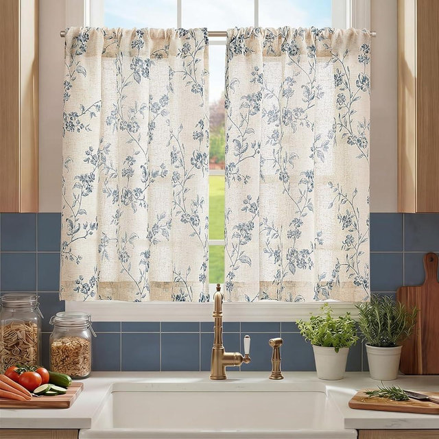 jinchan Floral Kitchen Curtains 36 Inch Linen Tier Curtains Farmhouse Cafe Half Window Drapes Over Sink Light Filtering for Living Room Laundry RV Rod Pocket 2 Panels Blue on Beige