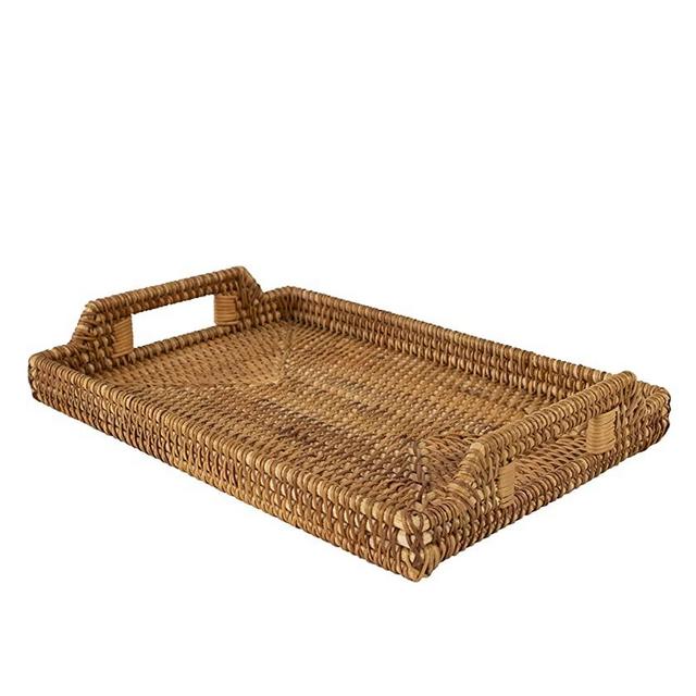 Rattan Wicker Serving Trays with Handles, Handwoven Coffee Trays for Coffee, Breakfast, Bread, Food, Dish and Decorative Trays for Dining Table (17 inch)