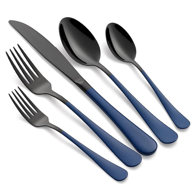 Onlycooker 20-Piece Black Silverware Set 18/0 Stainless Steel Flatware Sapphire Blue Handle Cutlery Set Service for 4 Dinner Knives Forks Spoons Set Mirror Finish Dishwasher Safe