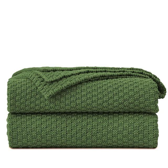 Longhui bedding Olive Green Knitted Throw Blanket for Couch, Soft, Cozy Machine Washable 100% Cotton Sofa Knit Blankets, Heavy 4.0lb Weight, 60 x 80 Inches, Olive Green Color.