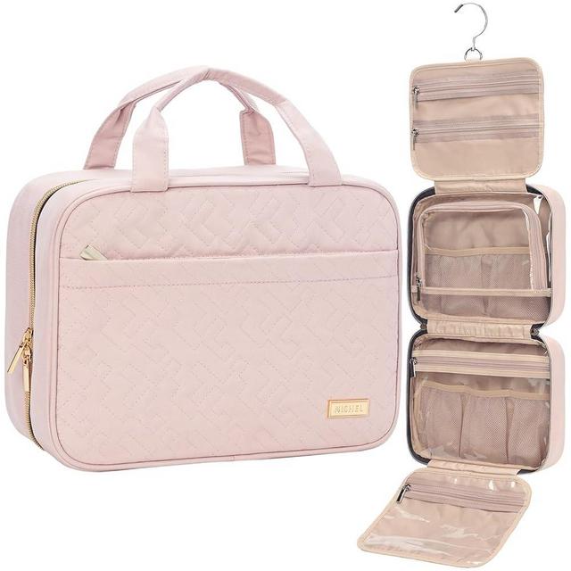 NISHEL Travel Toiletry Bag for women, Portable Hanging Organizer for Full-Sized Shampoo, Conditioner, Brushes Set, Travel-Size Accessories, Medium Size, Pink