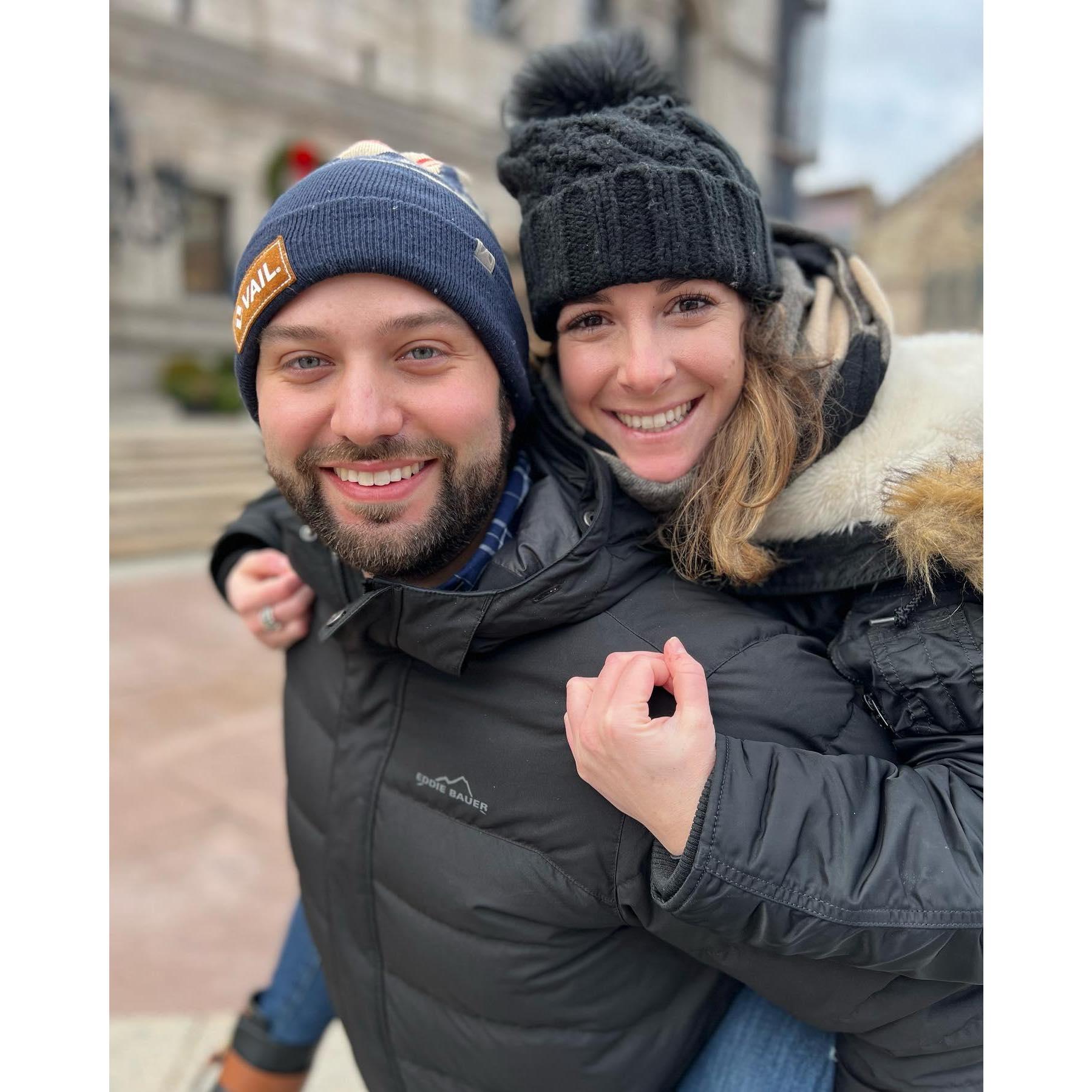 Outside Boston Public Library during Stephanie's first trip to Boston in the winter.
