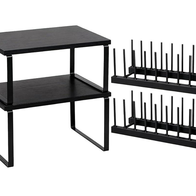 Marsui 4 Pcs Kitchen Organizer Accessories Set Cabinet Organizer Shelf and Bamboo Dish Drying Plate Rack Counter Shelves Storage Holder for Spice Rack, Dish, Pot Lid, Bowl, Cup (Black)