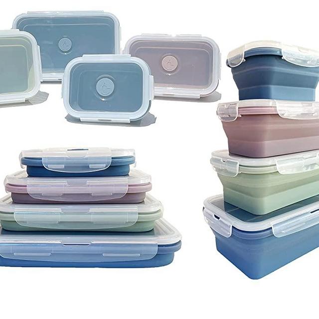 ICHC Set of 4 Collapsible Storage Containers - Space Saving Food Silicone Container, Flat Stacks, Travel Tupperware, Air Tight Lunch Box With Lids, Stackable and Reusable, 350ml, 540ml, 800ml, 1200ml