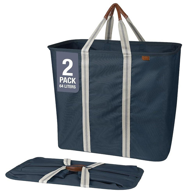CleverMade Collapsible Laundry Basket, Premium Large Foldable Clothes Hamper, Laundry Tote Carry All Bin XL Pop-Up Caddy with Handles, Navy Noir/Cream 2 PK