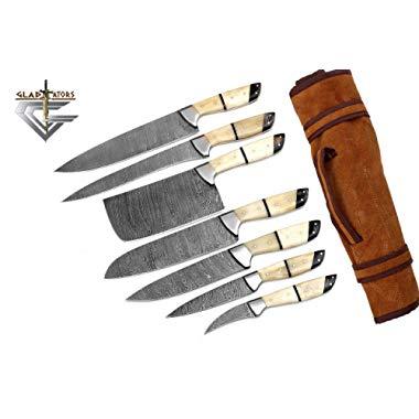 G26- Professional Kitchen Knives Custom Made Damascus Steel 7 pcs of Professional Utility Chef Kitchen Knife Set with Chopper/Cleaver White & Black GladiatorsGuild