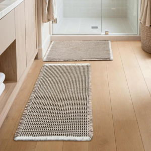 Bathroom Rugs Sets 2 Piece - Waffle Bath Mat Non Slip, Washable Bathroom Mats Absorbent Soft Boho Decor, Quick Dry Shower Mats, 2 Pack 18x30 Inch, Khaki and White