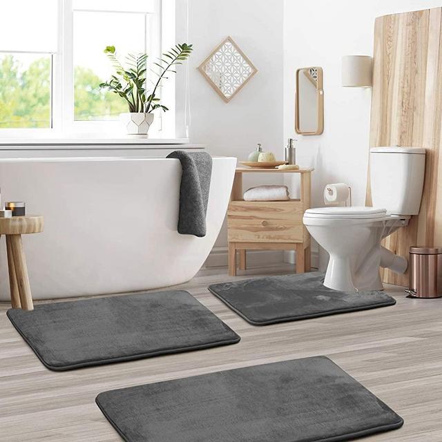 Clara Clark Memory Foam Bath Mat Sets 3 Piece - Non Slip, Absorbent, Soft Bath Rug Set - Fast Drying Washable Bath Mat - Large, Small, and Contour Sizes - Gray