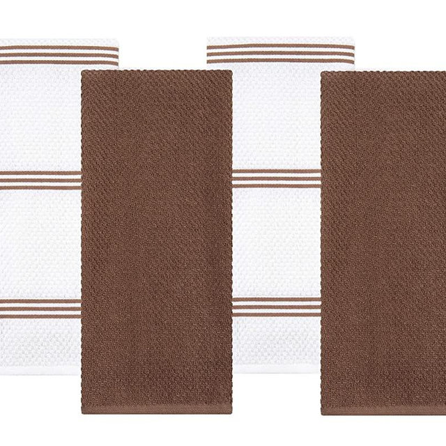 Sticky Toffee Cotton Terry Kitchen Dish Towel, 4 Pack, 28 in x 16 in, Brown Stripe