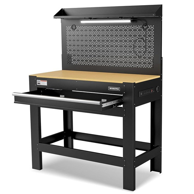 WORKPRO 45" Garage Workbench with Storage, Heavy-Duty Workbench with Pegboard, Power Outlets and Light, 800 LBS Work Bench for Garage, Warehouse, Workshop, Home