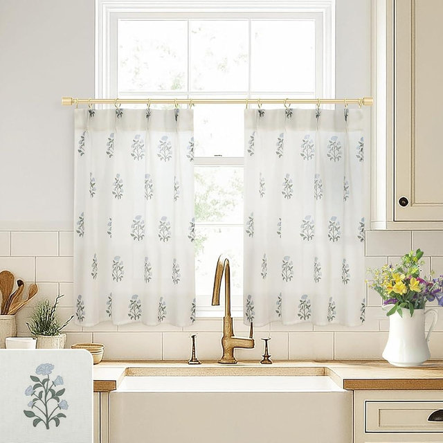 Cafe Curtains for Kitchen,Pinch Pleated Small Window Curtains Over Sink,Farmhouse Linen Sheer Blue and Green Floral Vintage Block Print 24 Inch Length Half Curtains Sets for Windows