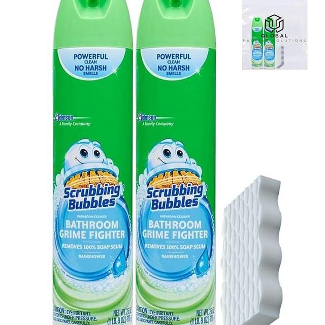 Scrubbing Multi Surface Bathroom Cleaner, Rainshower Scent, Grime Fighter, 25 Fl Oz (Pack of 2) Bundled with Magic Eraser Extra Durable Scrubber Sponge