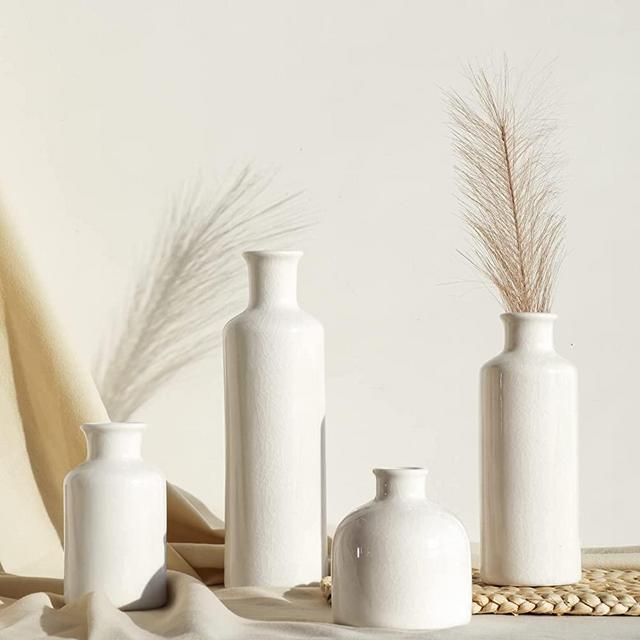 CUCUMI 4 White Ceramic Vase for Decor, Small Flower Decorative Vases for Home Decor Accents, Modern Farmhouse Bud Vase for Centerpieces, Living Room, Shelf, Mantel