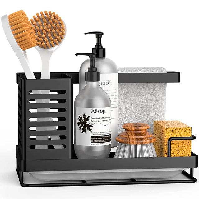 Kontoyo Sink Caddy, Sponge Holder for Kitchen Sink, Multifunctional Sink Caddy Sponge Soap Brush Dishcloth Storage, 304 Stainless Steel Kitchen Sink Organizer with Safety Bar & Removable Drain Pan
