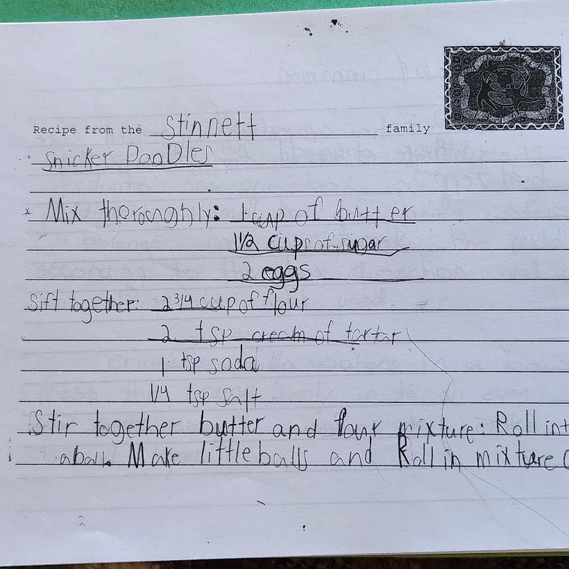 The Stinnett family's Snickerdoodles from Dakota's 3rd grade recipe book. <3