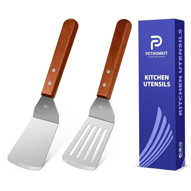 Metal Spatula Set for Kitchen Use,2Pcs Large Stainless Steel Spatulas for Cast Iron Skillet,Wood Handle Wok Flat Top Grill Griddle Spatula Turner Flipper Utensil Set for Burgers Pancake Egg Fish BBQ