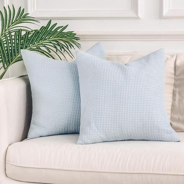 NEXHOME PRO 100% Cotton Waffle Weave Throw Pillow Covers 20x20 Inch Set of 2, Home Decorative Pillow Shams Cases 2 Pack for Bed Couch Sofa Car, No Insert, Light Blue