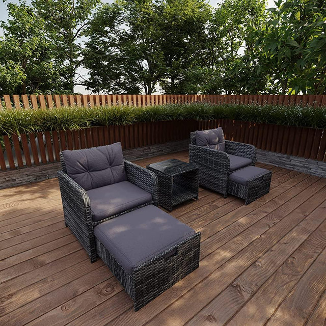 LHBcraft Balcony Furniture 5 Piece Patio Conversation Set, PE Wicker Rattan Outdoor Lounge Chairs with Soft Cushions 2 Ottoman&Glass Table for Porch, Lawn-Grey Wicker (Grey-Grey)