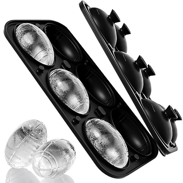 Silicone Large Ice Cube Tray, 6 Big Football Ice Cube Trays for Freezer,ICE Maker,Ice Cube Mold,Nice ICE Cube Trays,Crushed Ice Trays for Wiskey Cocktail Beer (Black, 6 Large Ice Cubes)
