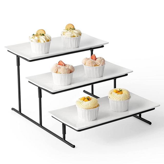 DOWAN 3 Tier Serving Stand with 12 Inches Ceramic Serving Platters, Rectangular Serving Trays for Dessert Cupcake Appetizer Display, Serving Plate Rack Tray Set, White
