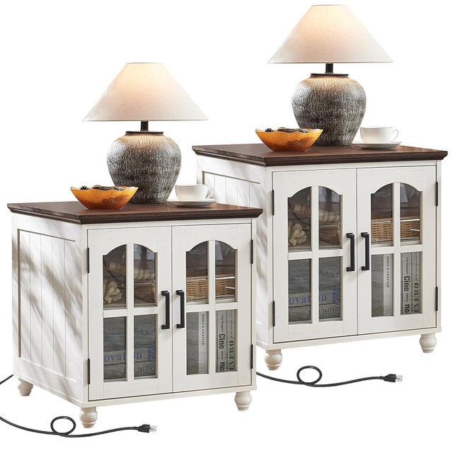 RWYHG Farmhouse 24" End Table Set of 2 with Charging Station, Large Sofa Side Table with Glass Barn Door,Wood Night Stand with Adjustable Storage Shelf,Square Bedside Table for Living Room,Bedroom