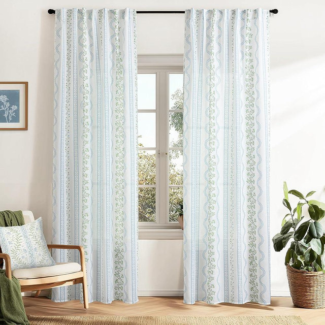 Blue and Green Floral Curtains for Living Room Bedroom,102 Inch Long Farmhouse Pattern Sheer Printed Linen Coastal Curtains for Bedroom Living Room Decor