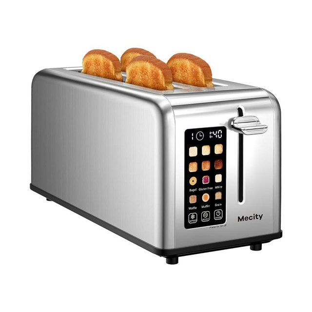 Mecity 4 Slice Toaster Touch Screen 1.5" Long Slot, Stainless Steel Smart Bread Toaster for Bagel Muffin Waffle Gluten Free Breads, Timer, Defrost, Reheat, 120V 1400W