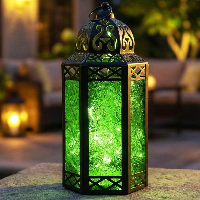12” Green Glass Metal Moroccan Decorative Candle Lantern with LED Twinkle Fairy Lights & Remote – Table Centerpieces, Indoor Home Decor, Outdoor Patio & Porch, Large