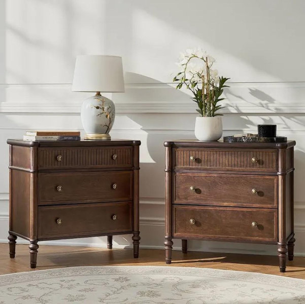 Set of 2 Derk Transitional 28"W 3-Drawer Fluted Solid End Table with Built-in power outlets By HULALA HOME - Walnut
