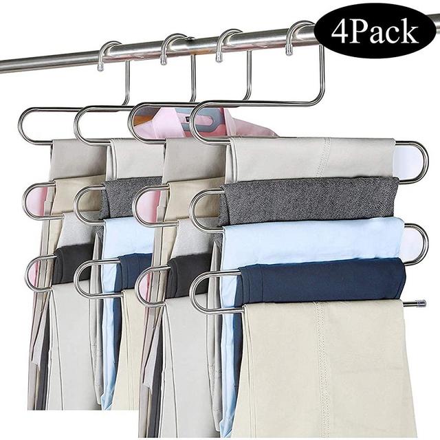 ABUNRO 4Pack Multi Pant Hangers Space Saving Pants Organization, 5 Layer Stainless Steel S-Shape Trousers Hangers for Space Saving Storage Pants Jeans Scarf Hanging