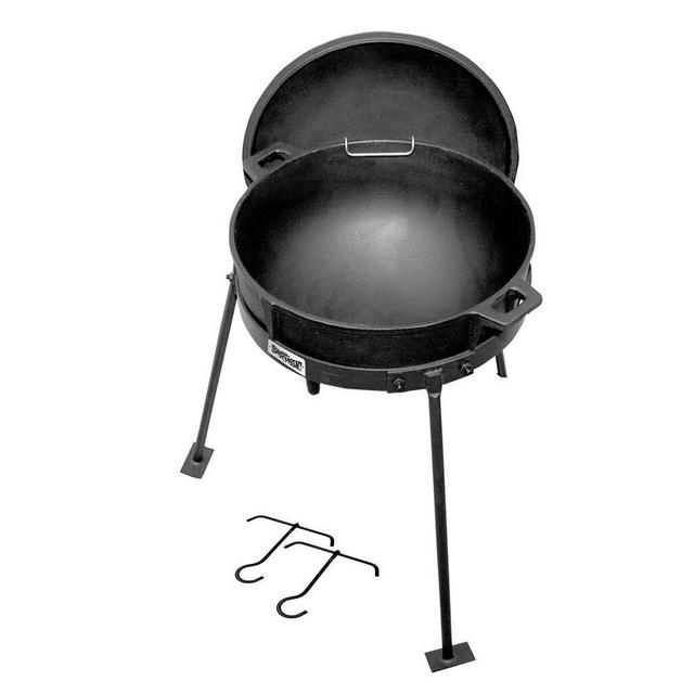 Bayou Classic CI7405 5-gal Cast Iron Jambalaya Kettle w/ Lid and Stand Features Cast Iron Lid w/ Stainless Built-In Lid Holder Steel Tripod Stand w/ Wide Leg Design Perfect For Large Event Cooking