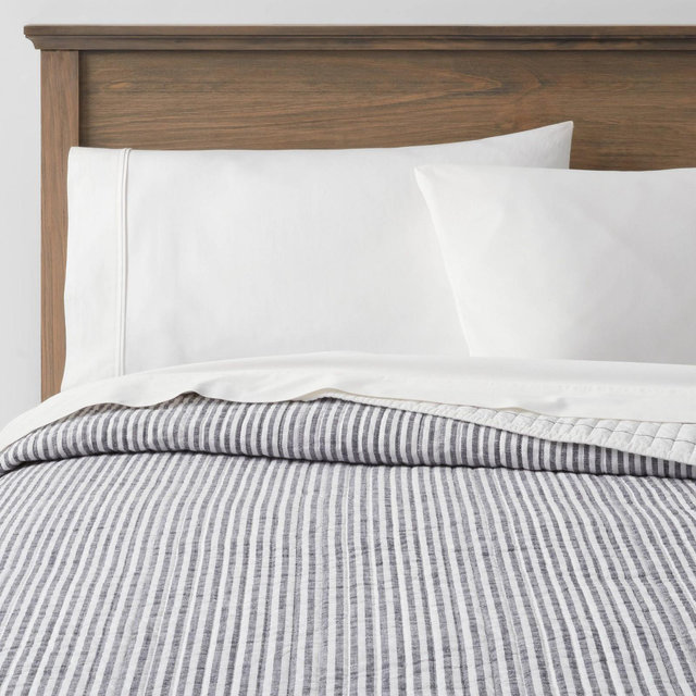 King Reversible Cotton Stripe Quilt Navy - Threshold™: Midweight Coverlet, Machine Washable, OEKO-TEX Certified
