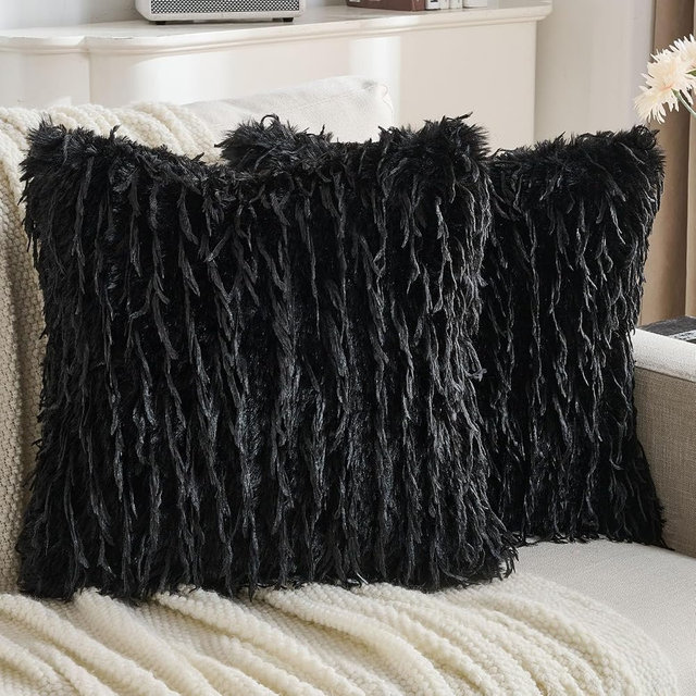 FUTEI Pack of 2 Faux Feather Plush Throw Pillow Covers 16x16 Inch Soft Fluffy Solid Farmhouse Decorative Cushion Cases Modern Luxury Accent for Couch Bed Living Room, Black