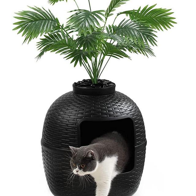 Hidden Litter Box Enclosure Furniture by Keygarzone, Carbon Filter & 3.3 Pounds Real Stones, DIY Solutions for Home Decor, Cute Plant Litter Box for Cat, Black