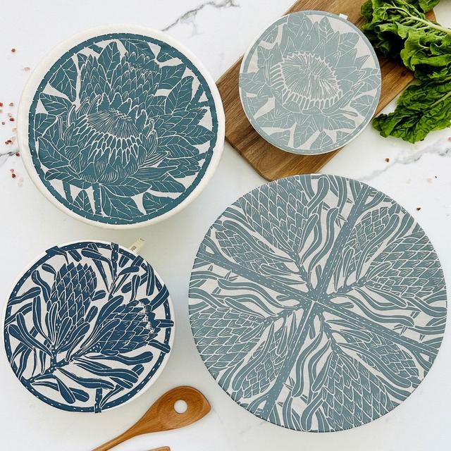 Bowl Dish Cover Set of 4 reusable washable, breathable organic cotton food cover, food storage, table decor blues