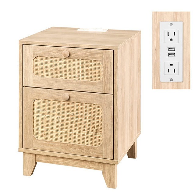 Betterhood Rattan Nightstand with Charging Station USB Ports & Power Outlets, Wooden Bedside Table End Table for Living Room and Bedroom